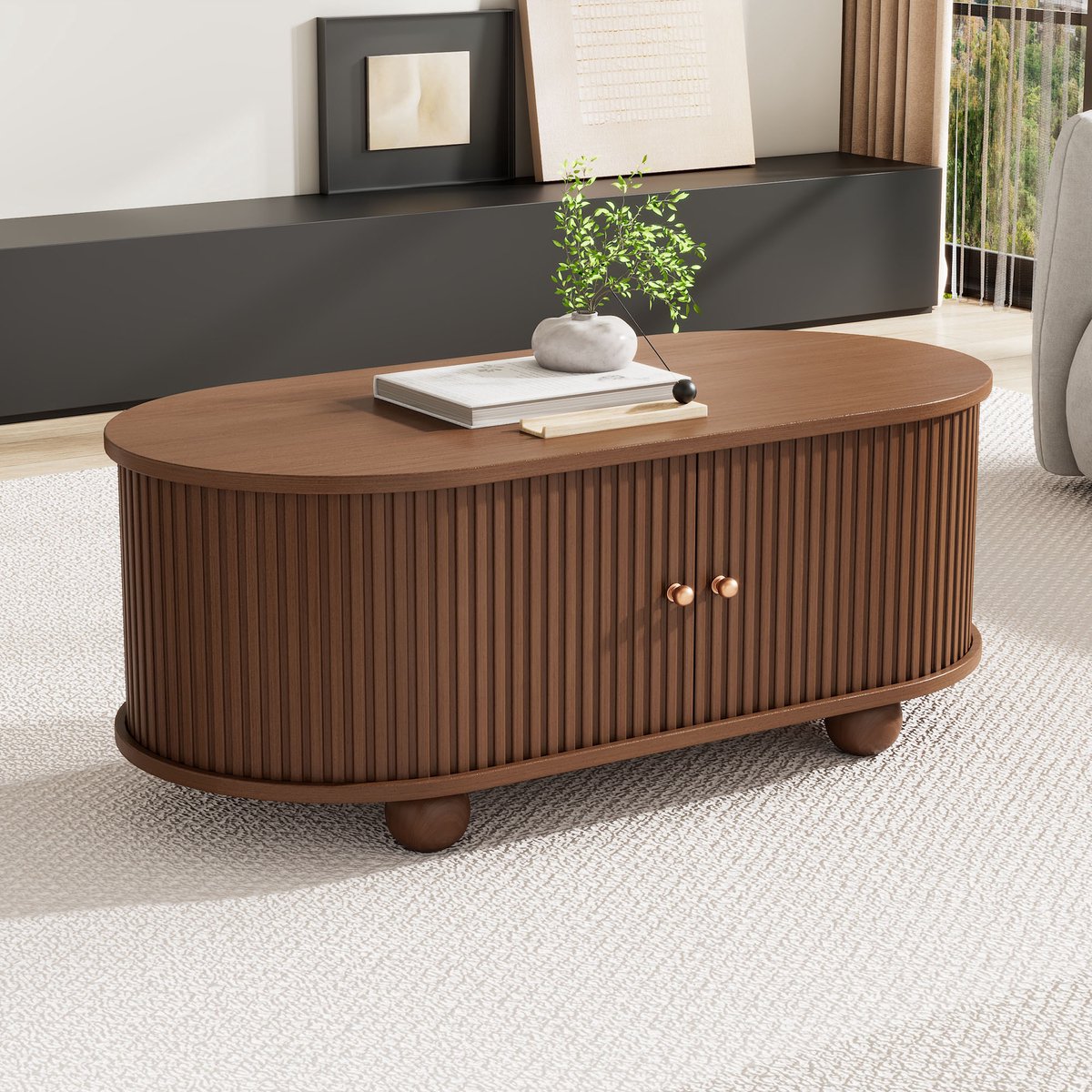DESMIU Ovale Salontafel Met Opbergruimte En Schuifdeuren Voor Kleine Woonkamers En Smalle Ruimtes Van MDF In Walnoot 100x50x40 Cm