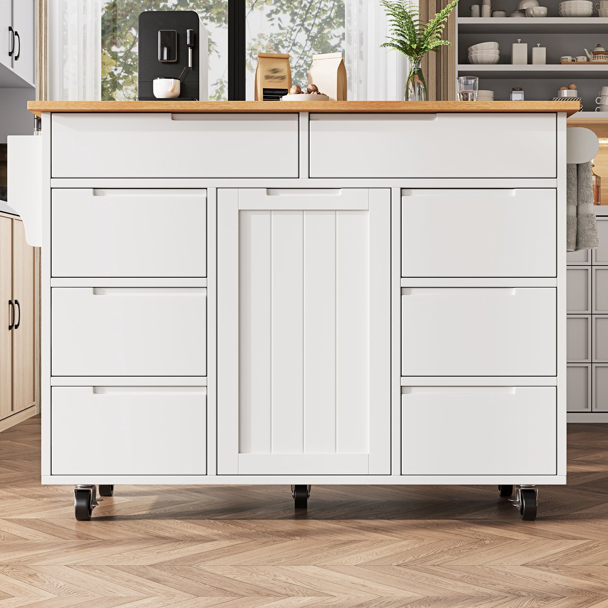 DESMIU Kookeiland Met Opklapbaar Werkblad En 8 Lades Voor Keuken En Eetkamer Van Mdf Wit 122x74,5x91,5 Cm