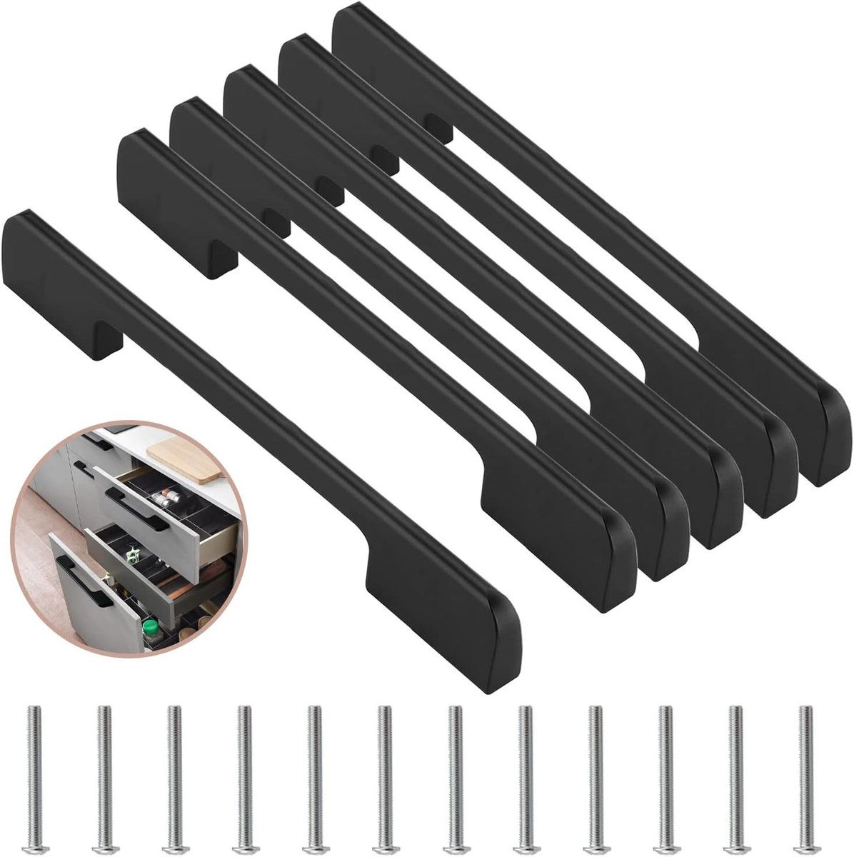 Set van 6 Keuken Deurgrepen, Plak Zwarte Kastgrepen met 224mm Spacing, Aluminium Meubel Ladehandgrepen (Inclusief Schroeven)