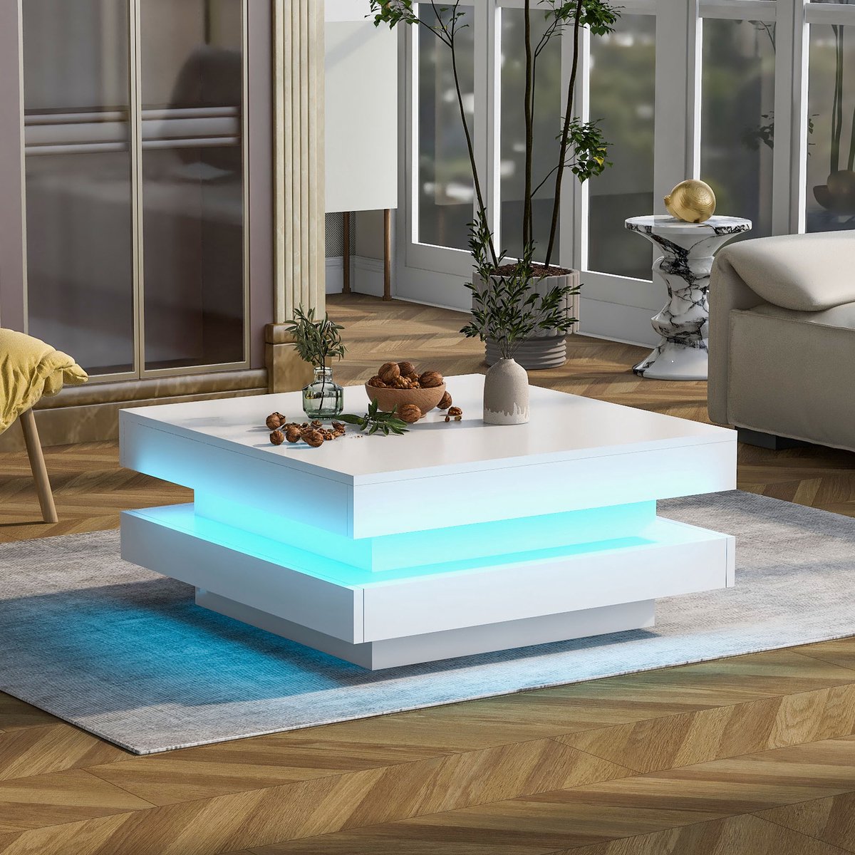 DESMIU Salontafel - Hoogglans Wit Met 360 Graden Draaibare Tafelblad En Ledverlichting - Modern Voor Woonkamer - Spaanplaat - 70x70x36 Cm