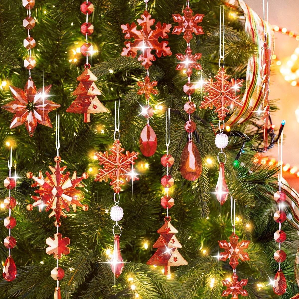 Dailygoods- Kerstversieringen 22-delige set - Kristallen Decoratie - Acryl Sneeuwvlok/IJspegel Hangers - Rode Ornamenten - Binnen/Buiten Feestdecor - Perfect voor Kerstmis/Nieuwjaar - Kerstornamenten