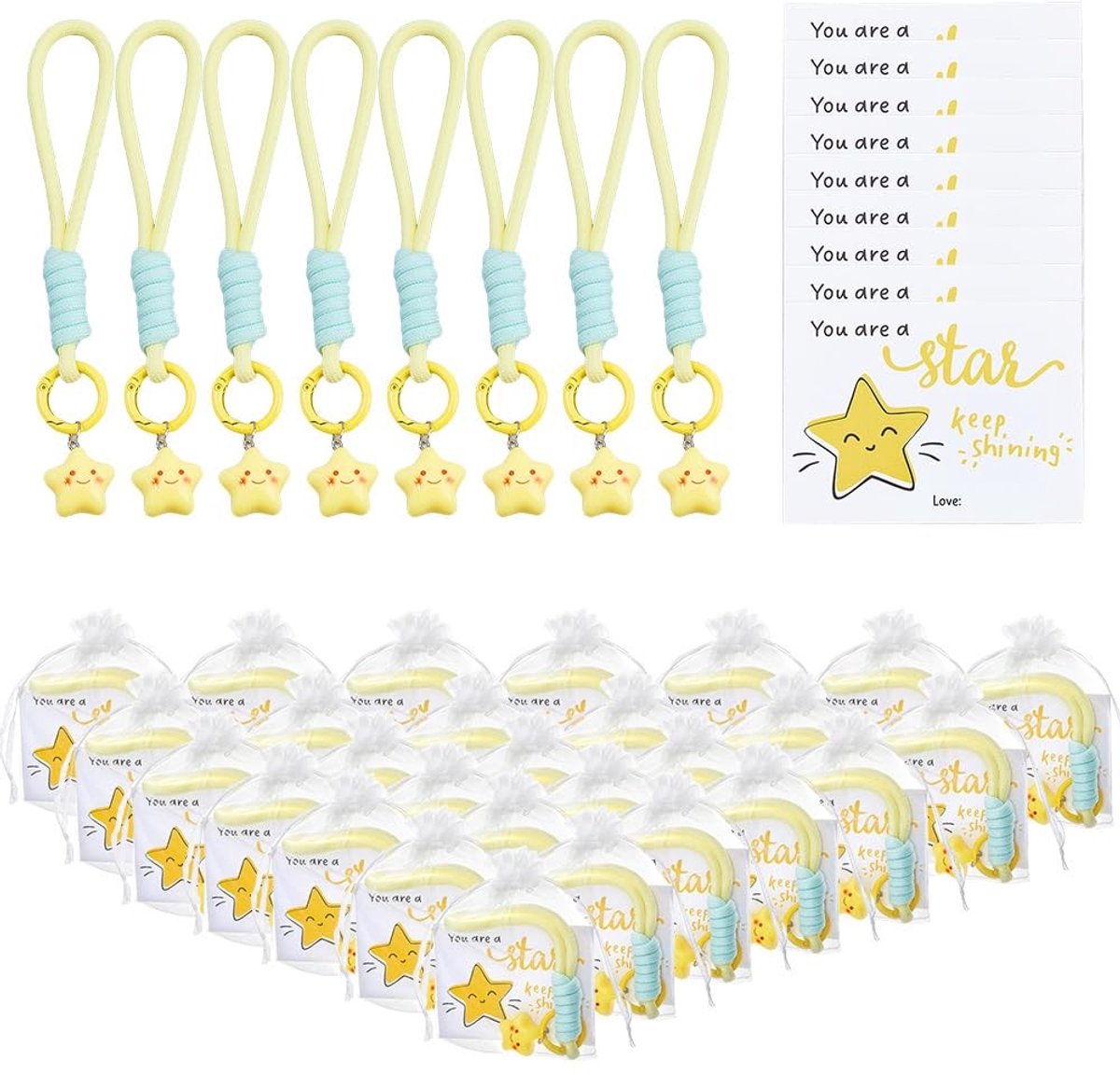 Dailygoods- Sleutelhanger Schattig Sterdesign - 30 Stuks - Wenskaarten - Organza Zakjes - Bruiloft/Gift - Vrolijke Gele Kleur - Sleutelhanger Set