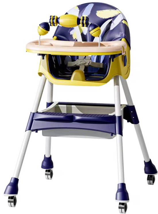 Kinderstoel Baby Inklapbaar & Verstelbaar - Hoge Kinderstoel met Dubbel Afneembaar Dienblad, 5-Punts Veiligheidsgordel, Wielen met Rem, Opbergtas & Verstelbare Rugleuning - Blauw/Geel — afbeelding 3