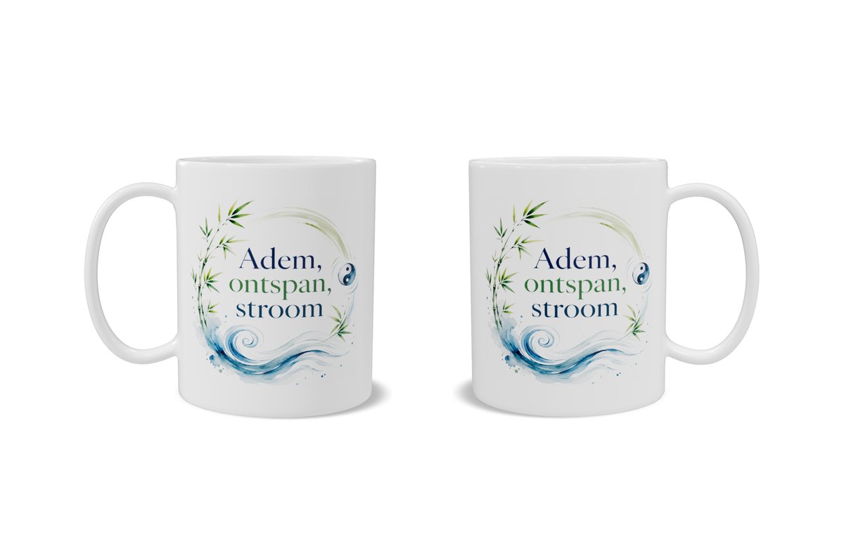 Mok met Tekst - Adem, ontspan, stroom - Tai Chi Cadeau - Koffiemok met Bamboe Aquarel - Zen Beker met Inspirerende Quote - Dubbelzijdig Bedrukt - 330 ml — cadeau in Kookcadeaus - foto 4