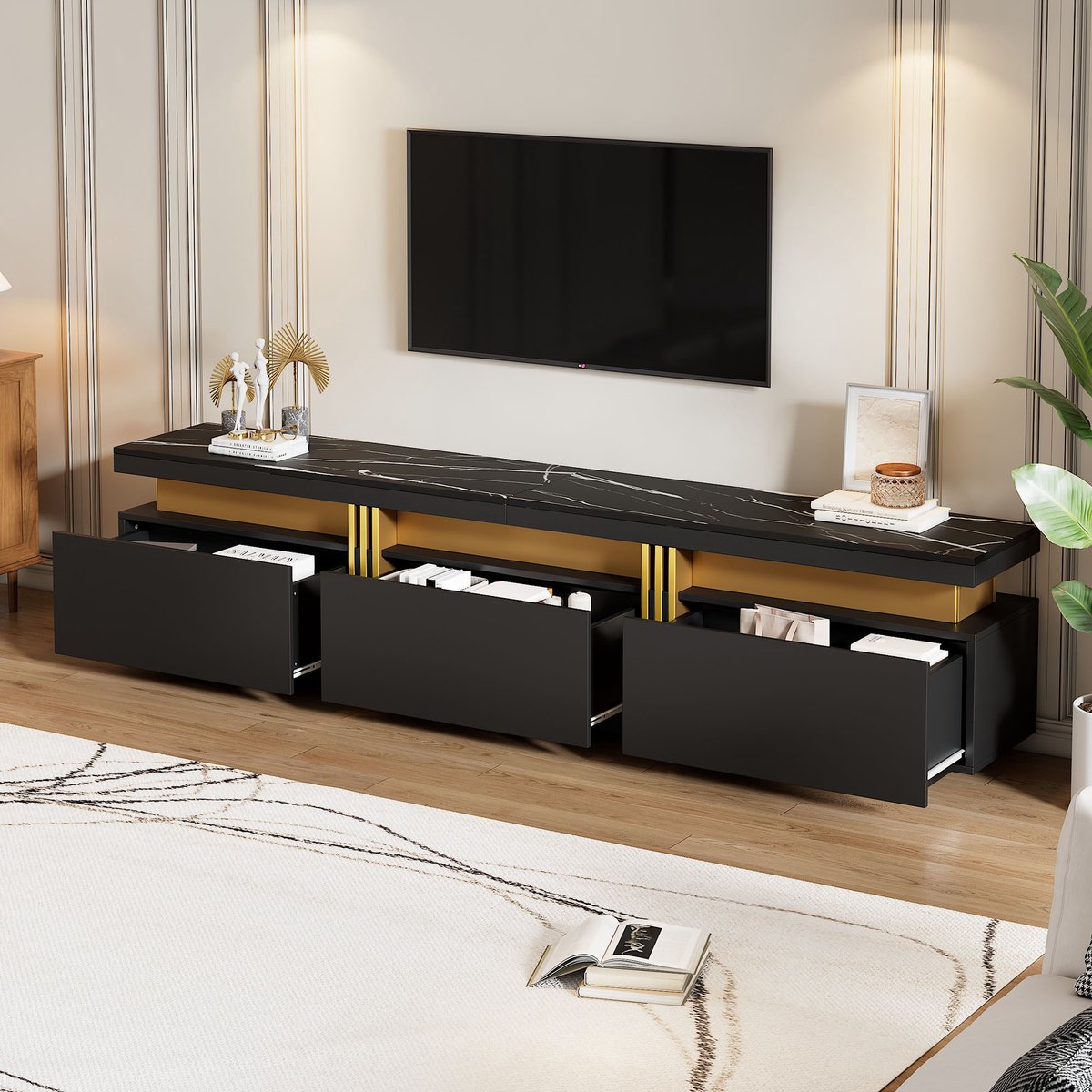 DESMIU Tv Meubel - Marmerlook Met 3 Lades En Kabeldoorvoer - Voor Woonkamer Met Televisies Tot 90 Inch - Spaanplaat - 200x40x42 Cm - Zwart