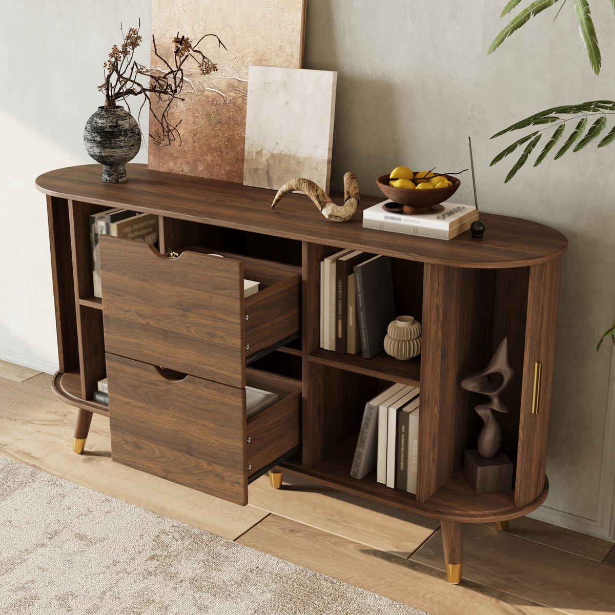 DESMIU Dressoir - Verticale Houtnerf Met Schuifdeuren En Lades - Voor Woonkamer Hal En Eetkamer - MDF In Walnootkleur - 140x40x79,5 Cm Notenhout