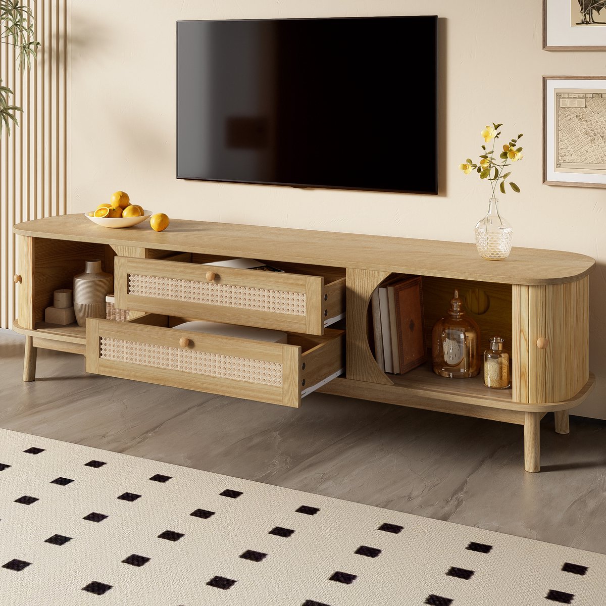 DESMIU Tv Meubel - Met Rattan Laden En Schuifdeur Voor Opbergruimte In Woonkamer - Natuurlijk Houtlook En MDF - 170x39,5x46 Cm Naturel
