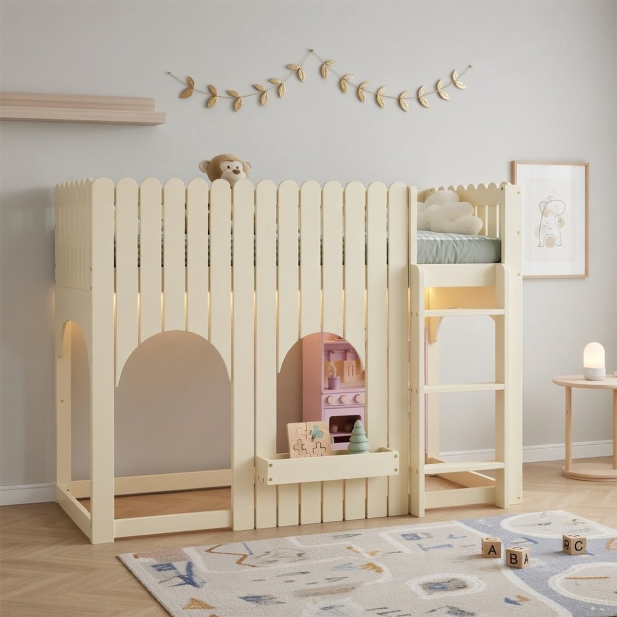 Gutent Hoogslaper met hekjes-Loft bed-Stapelbed-Hoogslaper met LED-verlichting-Hoogslaper met opbergtrap-Natuur
