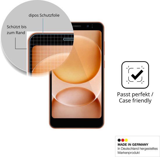 Een smartphone met een oranje achtergrond, met een vergrote weergave van de hoek van de screenprotector die de rand bedekt. "Past perfect" icoon aan de rechterkant.