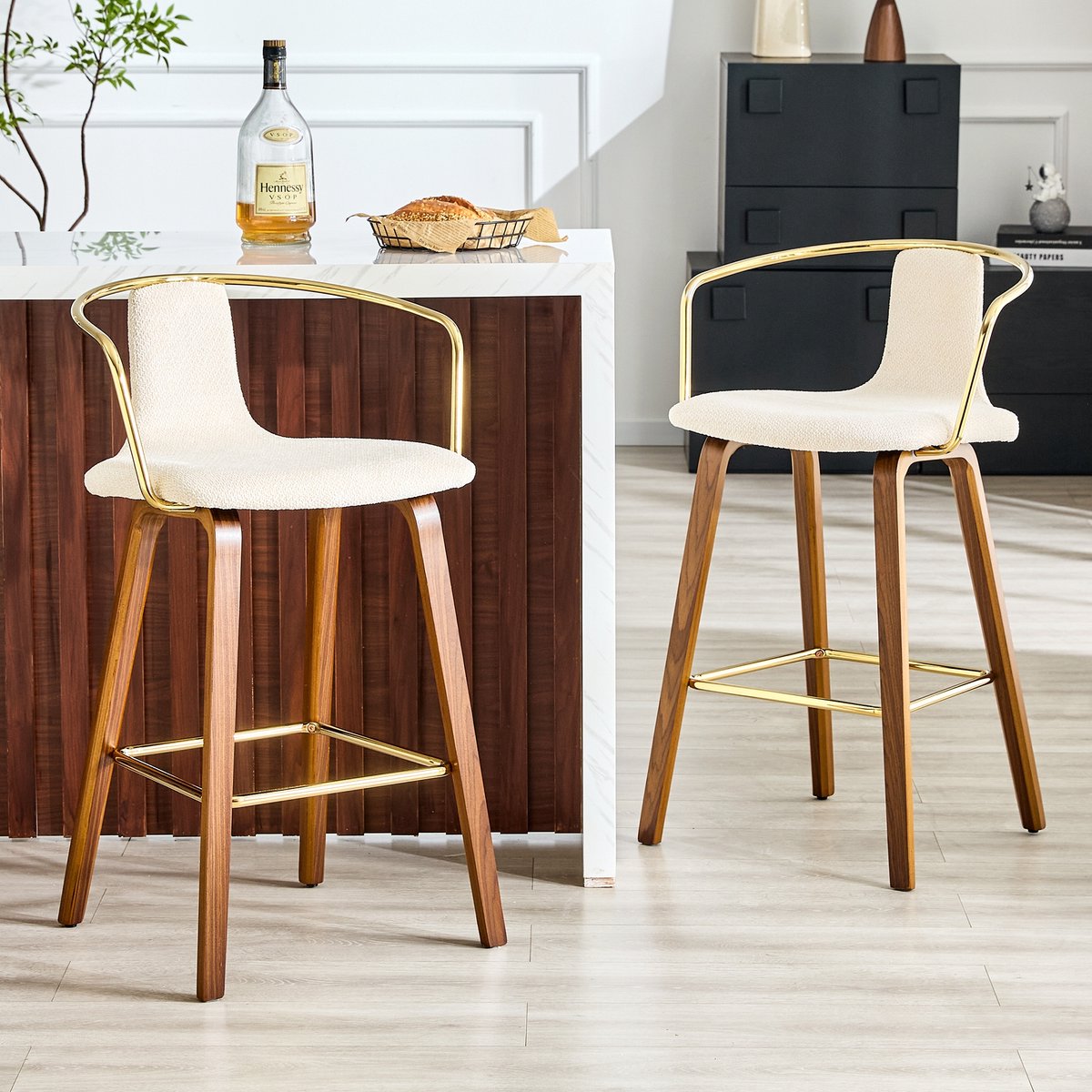 KOMHTOM - Set van 2 barkrukken - Armleuningen - Teddystof/PU-leer - Houten poten - Metalen voetsteun - Moderne Scandinavische stijl