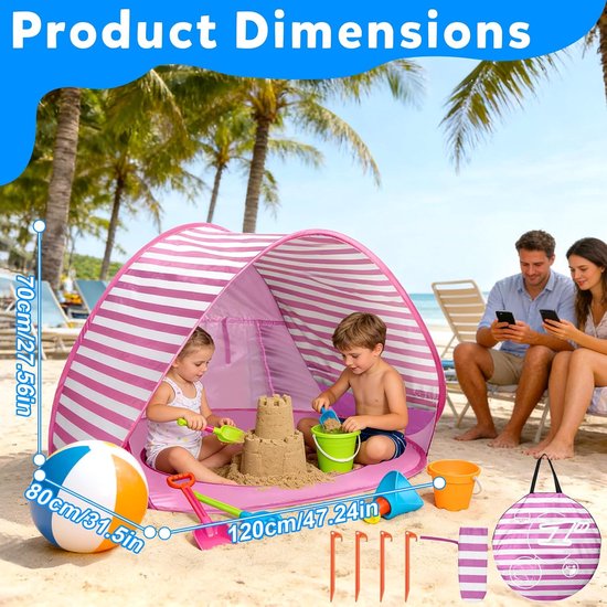 Strandtent voor Baby’s en Peuters - Pop-up Strandtent met Mini Zwembad, UV-Bescherming, Zonnetent voor Strand, Tuin en Picknick — afbeelding 4