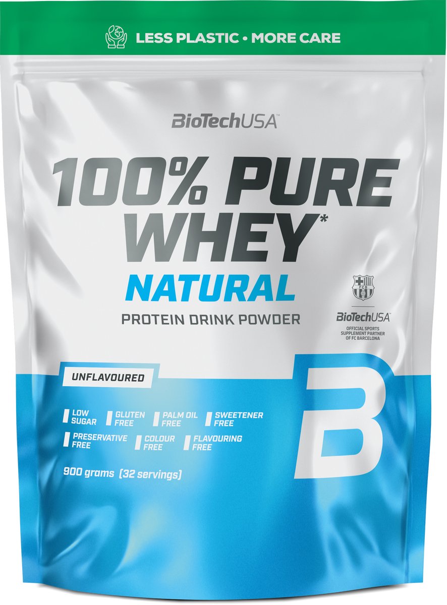 BioTechUSA 100% Pure Whey | Eiwitpoeder met BCAA en Glutamine | Glutenvrij, Palmolievrij | 21g Eiwit per portie, 900 g, Niet-gearomatiseerd
