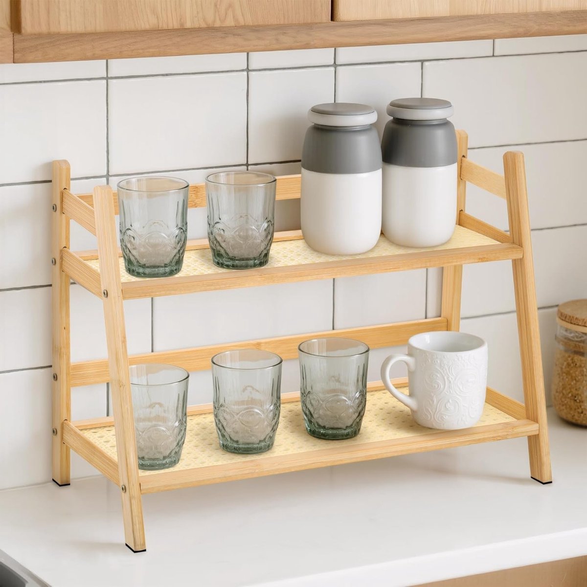 2-Tier Koffiestation Organizer van Natuurlijk Bamboe, Keuken Werkblad Organizer, Houten Specerijenrek voor Koffie, Thee en Matcha, Ideaal voor Keukenaccessoires en Tafelindeling