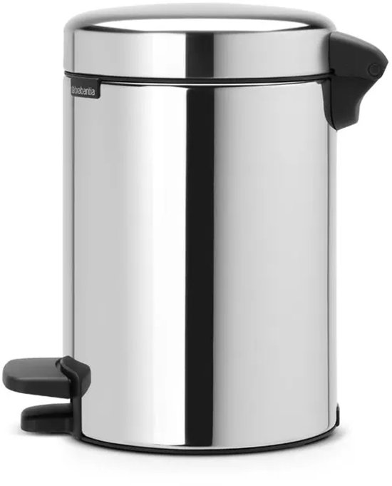 Brabantia NewIcon prullenbak, 3L, briljant staal, met zwart voetpedaal en handvat.