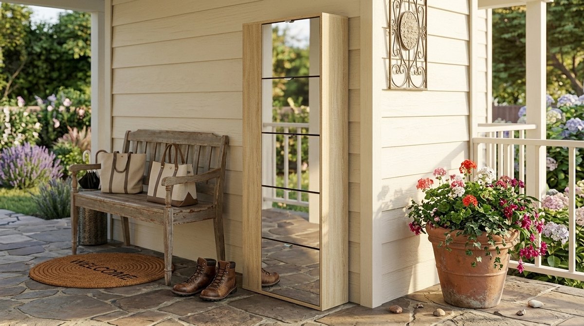 Schoenenkast met Spiegel – House&Garden – 5 Kiepvakken Wandgemonteerde Schoenenkast Bruin Eiken Look – Smalle Hal Schoenenopberger 17x63x169,5 cm – Moderne Schoenencommode met Spiegel voor Entree en Gang