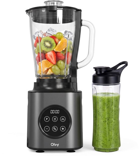 Olvy Kitchen Blender - 1,5L Glazen Kan met To-Go Beker - Smoothie Maker - Ijscrusher - Vaatwasserbestendig - BPA- en PFAS-vrij - Glas
