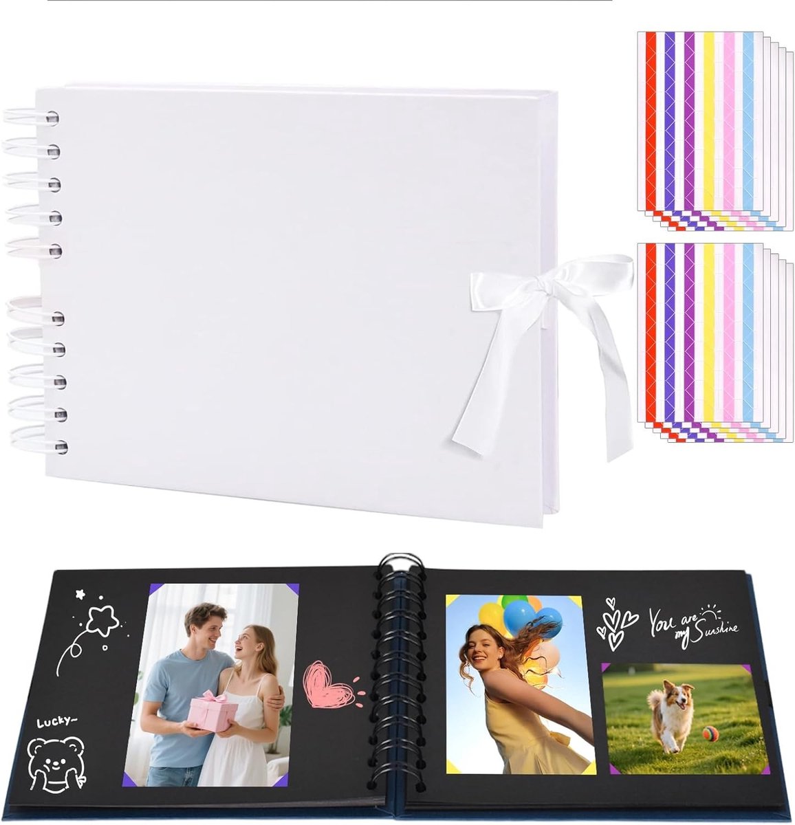 Creatief Fotoalbum A5 met 30 Pagina's, Zwart Papier en 10 Kleurrijke Hoekstickers voor Scrapbooking, Verjaardag, Bruiloft en Reizen