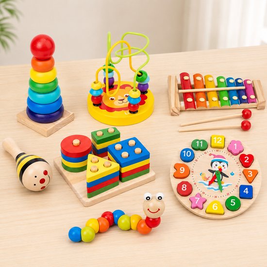 Kleine Ontdekkersspeelset 7 delig - Houten Educatief Speelgoed - Montessori Speelgoed - Peuter Speelgoed - Fijne Motoriek - Stapeltoren, Xylofoon, Leerklok, Kralenlabyrint, Vormenstoof, Rupsje, Maracas - IntelliKids van Intellikids — afbeelding 4