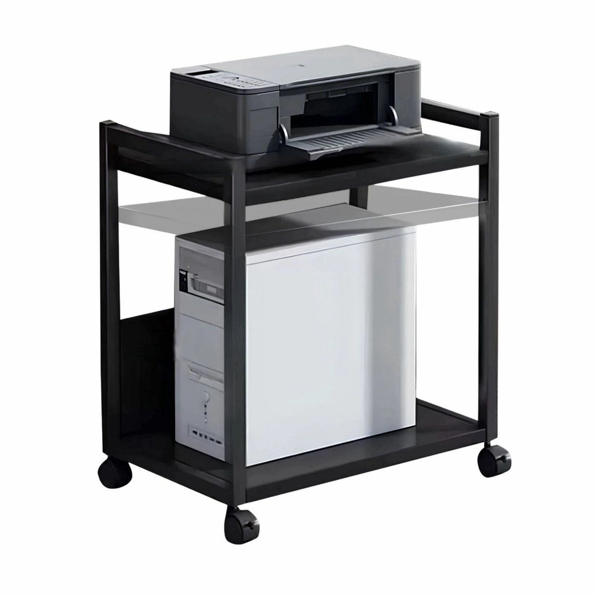 Image of Mobiele CPU-Standaard met 2 Planken - Verstelbaar design met Wielen - voor bureau en computer - Zwart Metaal