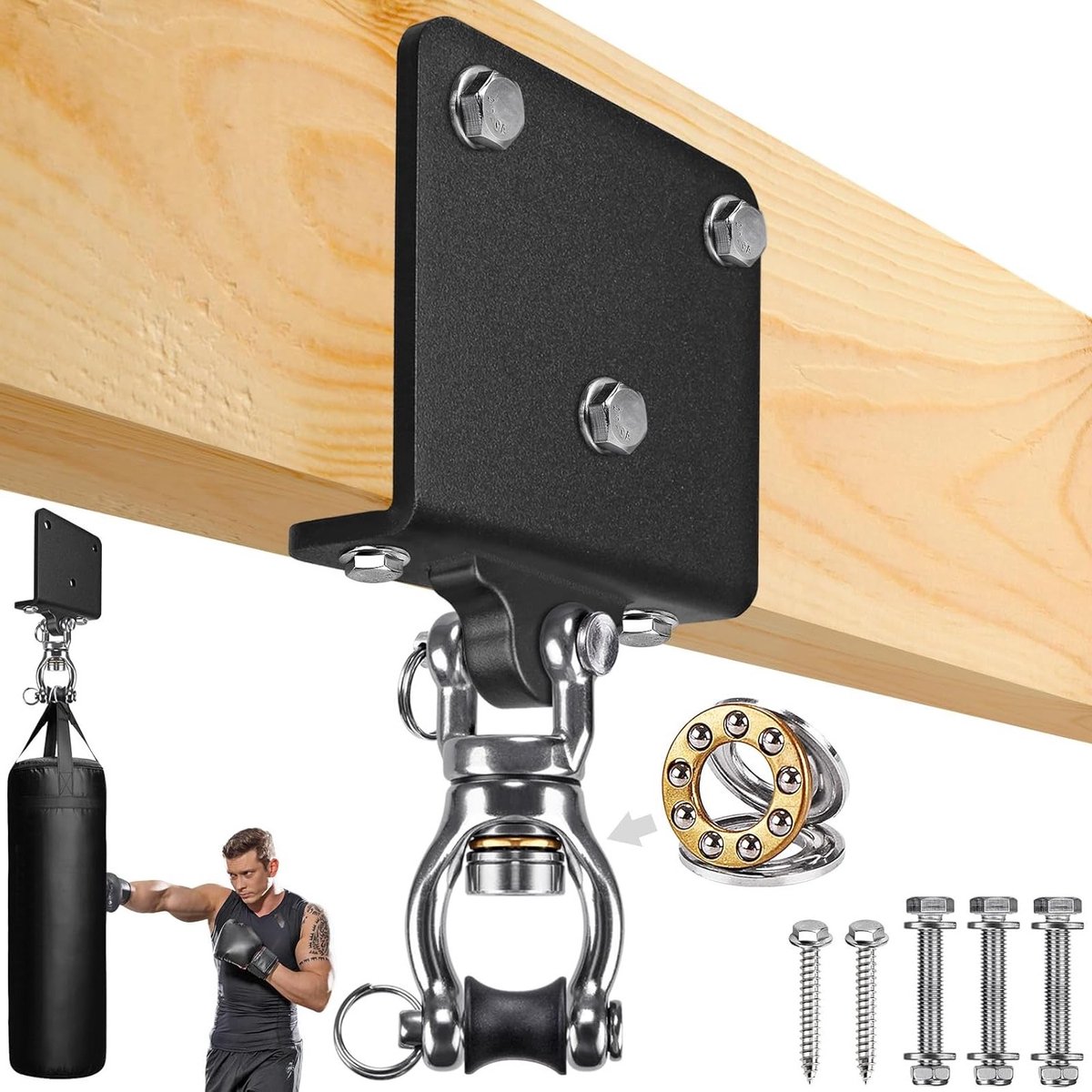 Houten bokszak hanger voor muur en plafond, zware kwaliteit met 360° rotatie en kogellagers, ideaal voor boksen en Muay Thai training