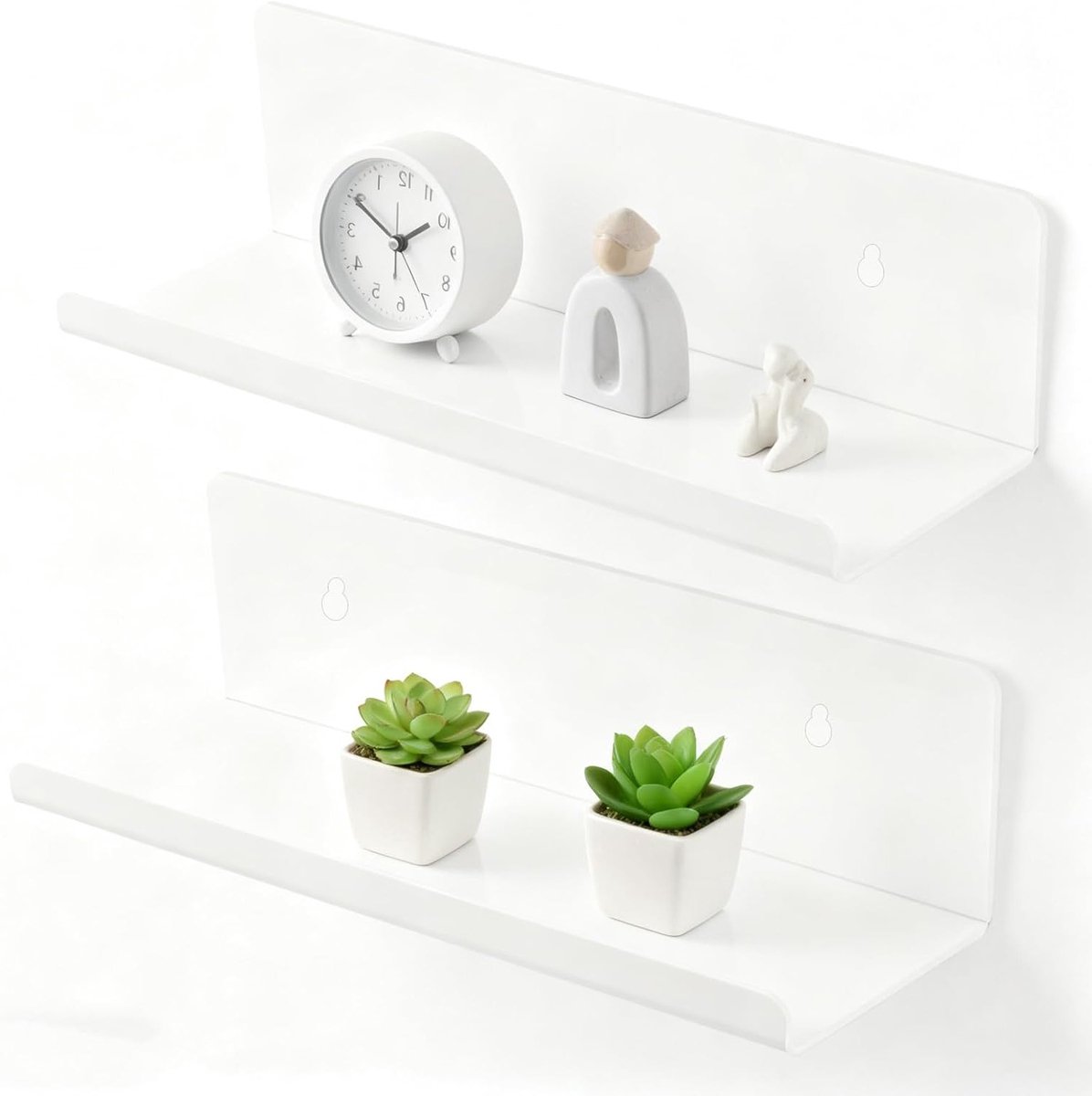Set van 2 Witte Zwevende Planken, 20cm Kleine Wandplanken, Ideaal voor Badkamer, Woonkamer en Keuken, Makkelijk te Monteren Zonder Boren