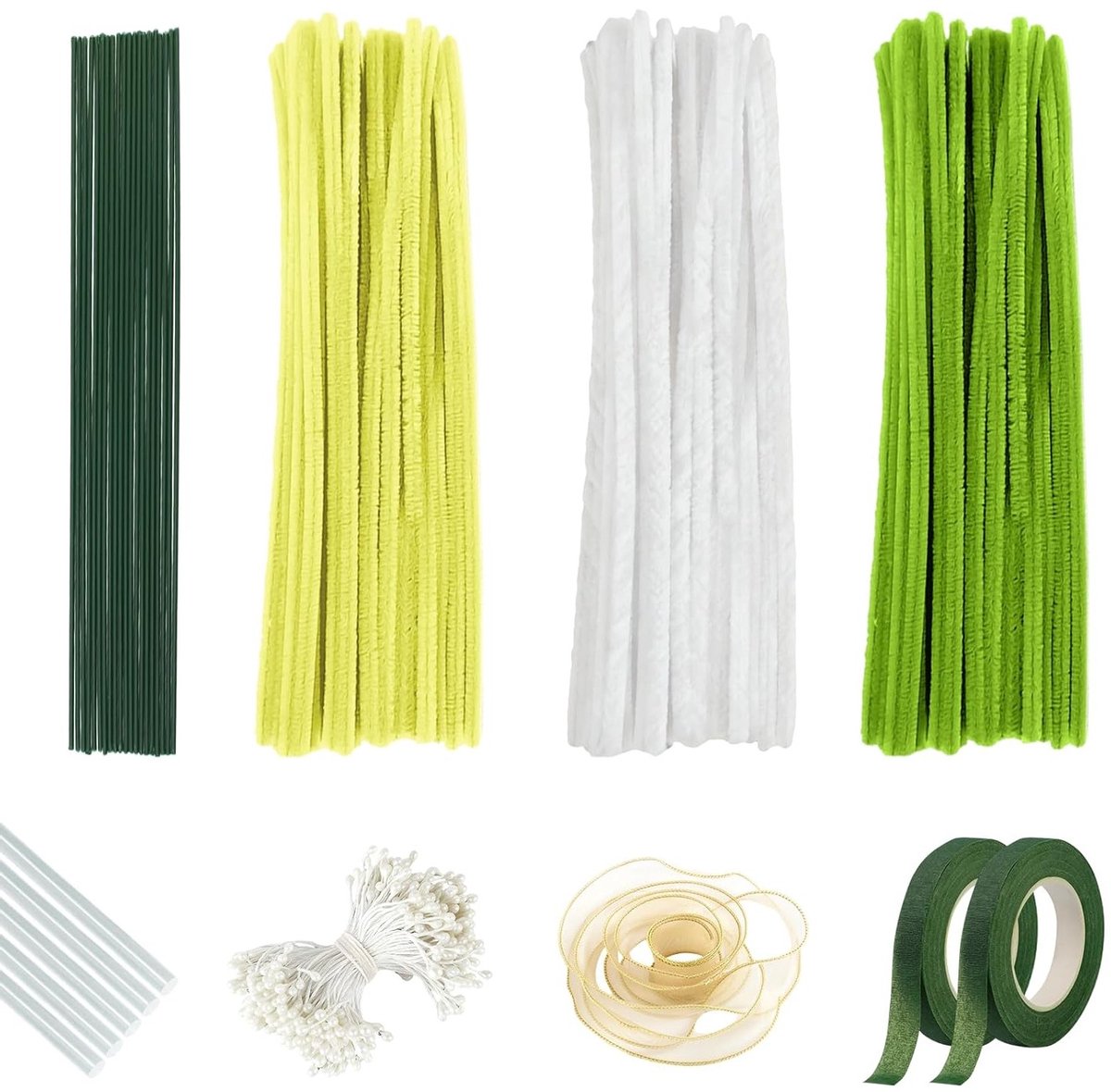 300 Stuks Pijpenragers voor Bloemstukken, Set met Groene Stokken, Bloemlint, Lijm en Tape voor Creatieve Knutselprojecten