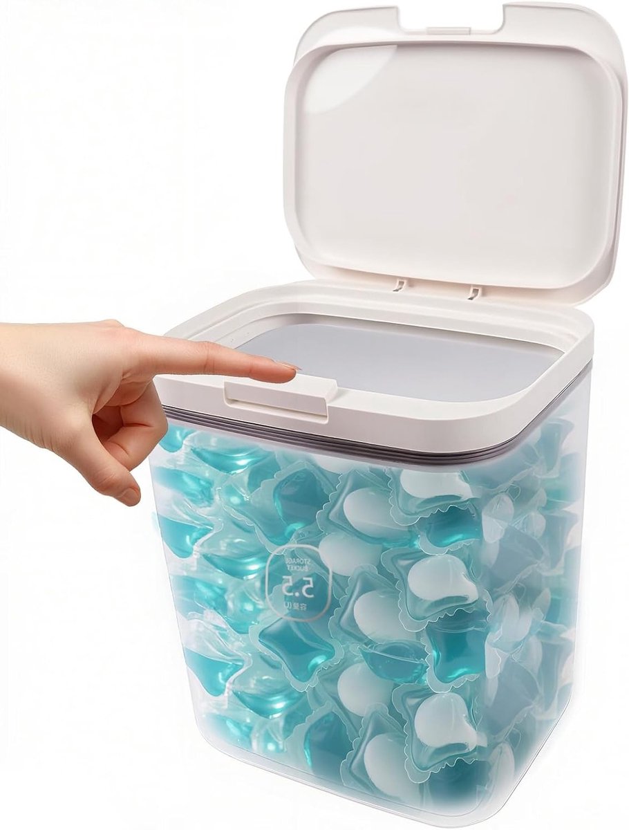 Ruimtebesparende 5.5L Wasmiddelopslagbox met Deksel, Airtight Organizer voor Poeder en Pods, Inclusief Maatbeker en Transparant Ontwerp