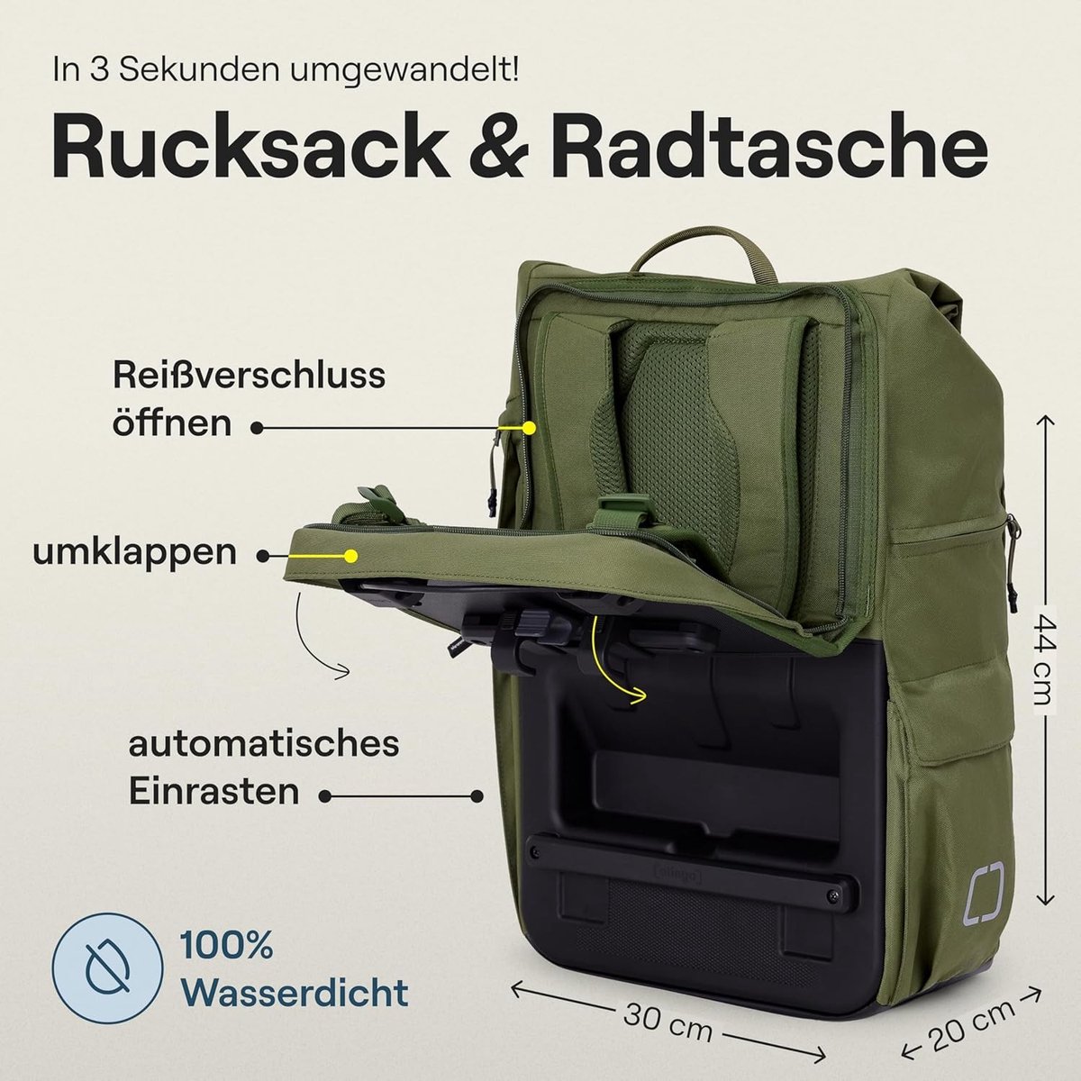 Fietstas en Rugzak - Waterdicht - 34 Liter Volume - Ombouwbaar in 7 Seconden - Voor Fietsers