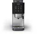 Grijze Krups volautomatische espressomachine op een witte achtergrond, zonder mokken.