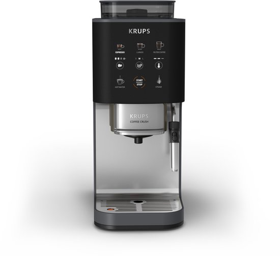 Grijze Krups volautomatische espressomachine op een witte achtergrond, zonder mokken.