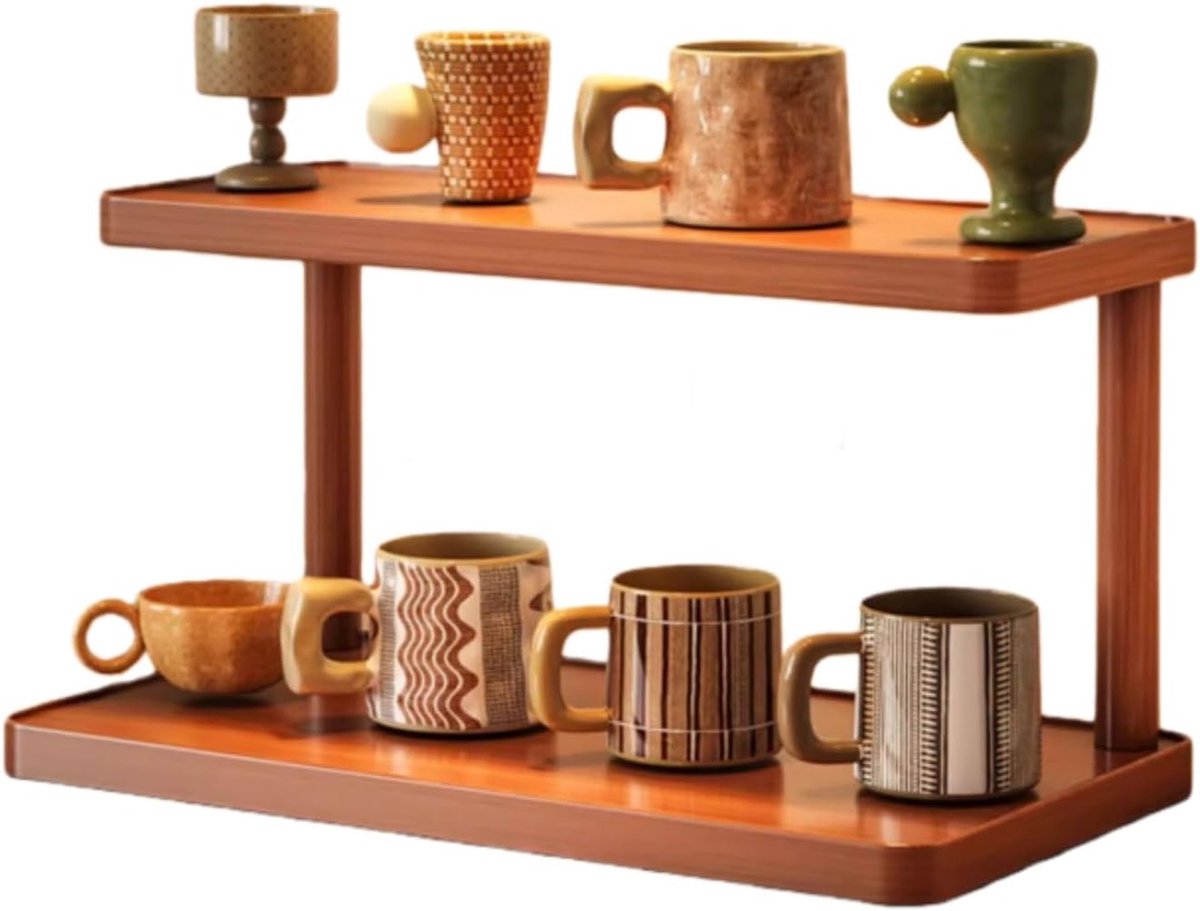 Houten Koffiekop Houder en Organisator voor Keuken en Kantoor, 2-laags Theestation, Ruimtebesparend en Multifunctioneel, 40 x 14 x 14.5 cm