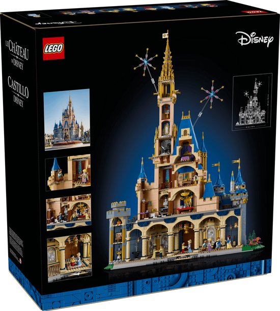 Achterkant van de doos van het LEGO Disney Kasteel, met details van het model en de inhoud.