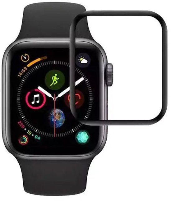 Zwarte Apple Watch met een screenprotector, die de randen van het scherm bedekt.