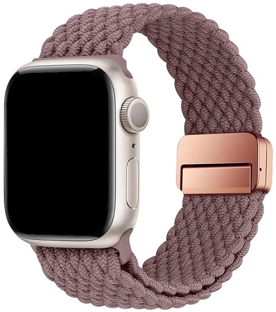 Smokey paars gevlochten Apple Watch bandje met rosegouden sluiting.