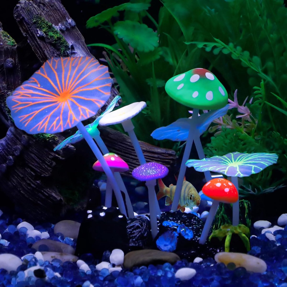 Aquariumdecoratie - 12×9,5×6,5 cm - Kunstmatige paddenstoelen en lotusbladeren - Siliconenmateriaal - Levendige kleuren, levensecht - Creëer een levendig aquariumlandschap
