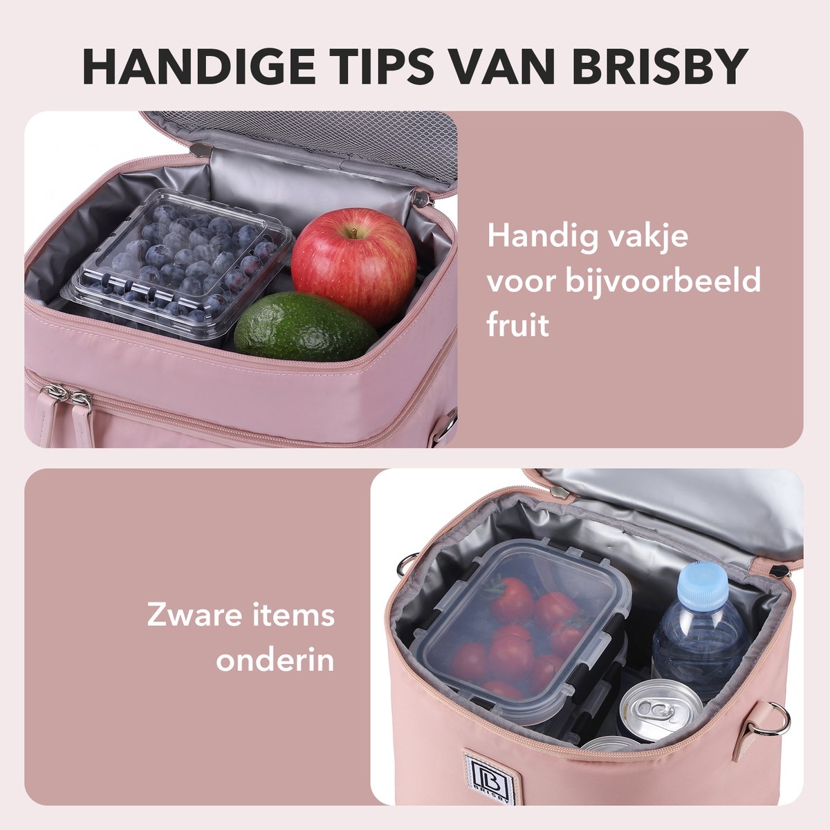 Brisby Koeltas 12 Liter – Lunchtas voor Werk & Onderweg – 2 Geïsoleerde Vakken – Inclusief 2 Koelelementen – Tot 10 Uur Koel- Soft Pink — cadeau in Sport & Outdoor - foto 5