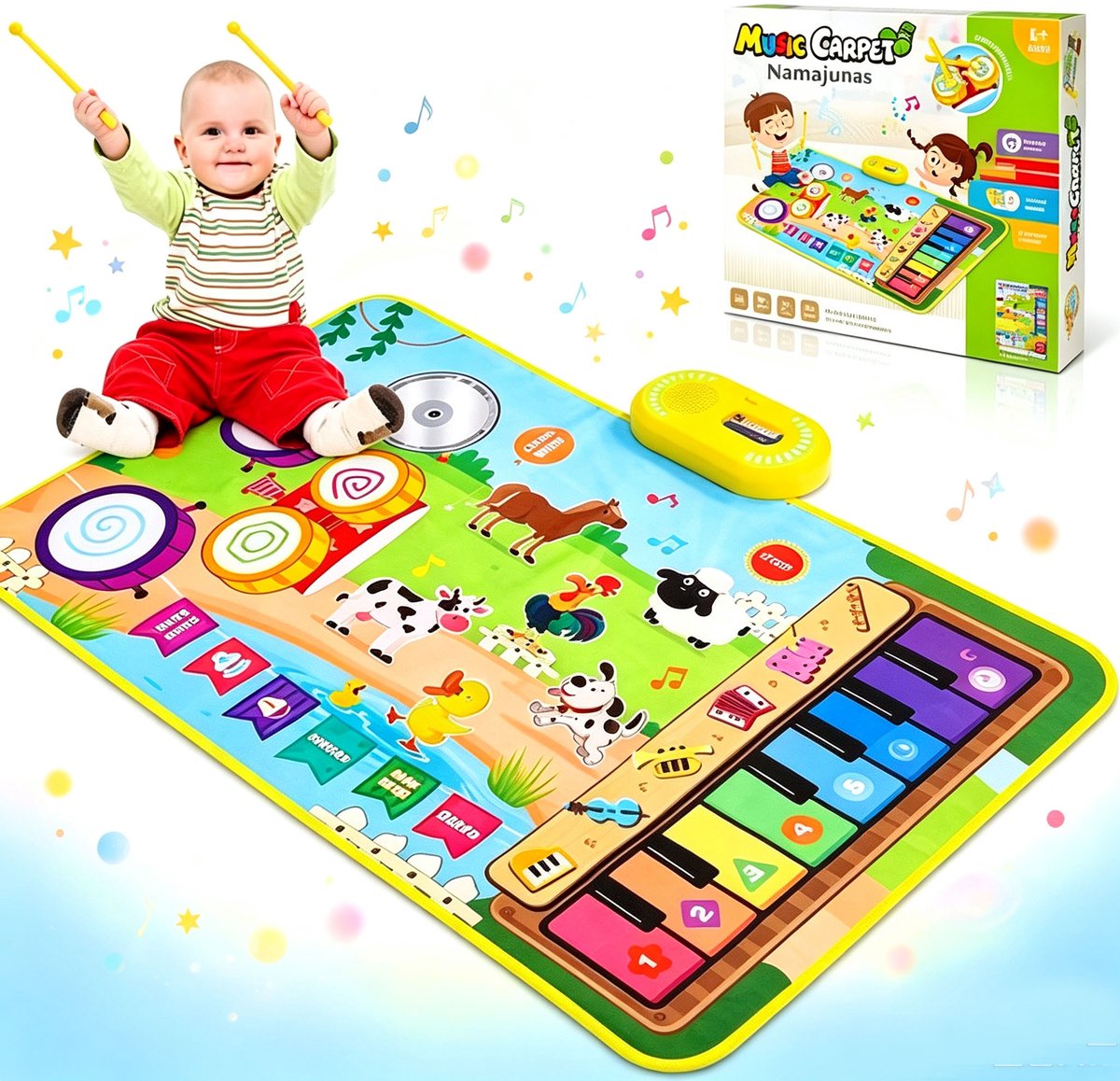 Namajunas 3-in-1 Muziekmat voor Kinderen 3-5 Jaar – Dansmat, Pianomat & Boerderijdieren Touch Speelkleed, Pianoklavier met Drumset en 2 Drumstokken, Educatief Muzikaal Leerspeelgoed voor Jongens en Meisjes
