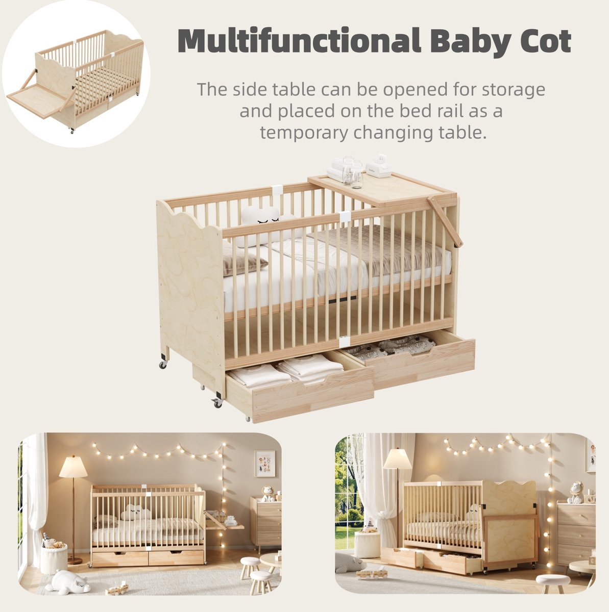 MIVRAY Babybed 70 x 140 cm Normaal Bed Met Lade En Wieltjes Verstelbaar In 4 Hoogtes Voor Kinderkamer Hout Naturel Zonder Matras Natural