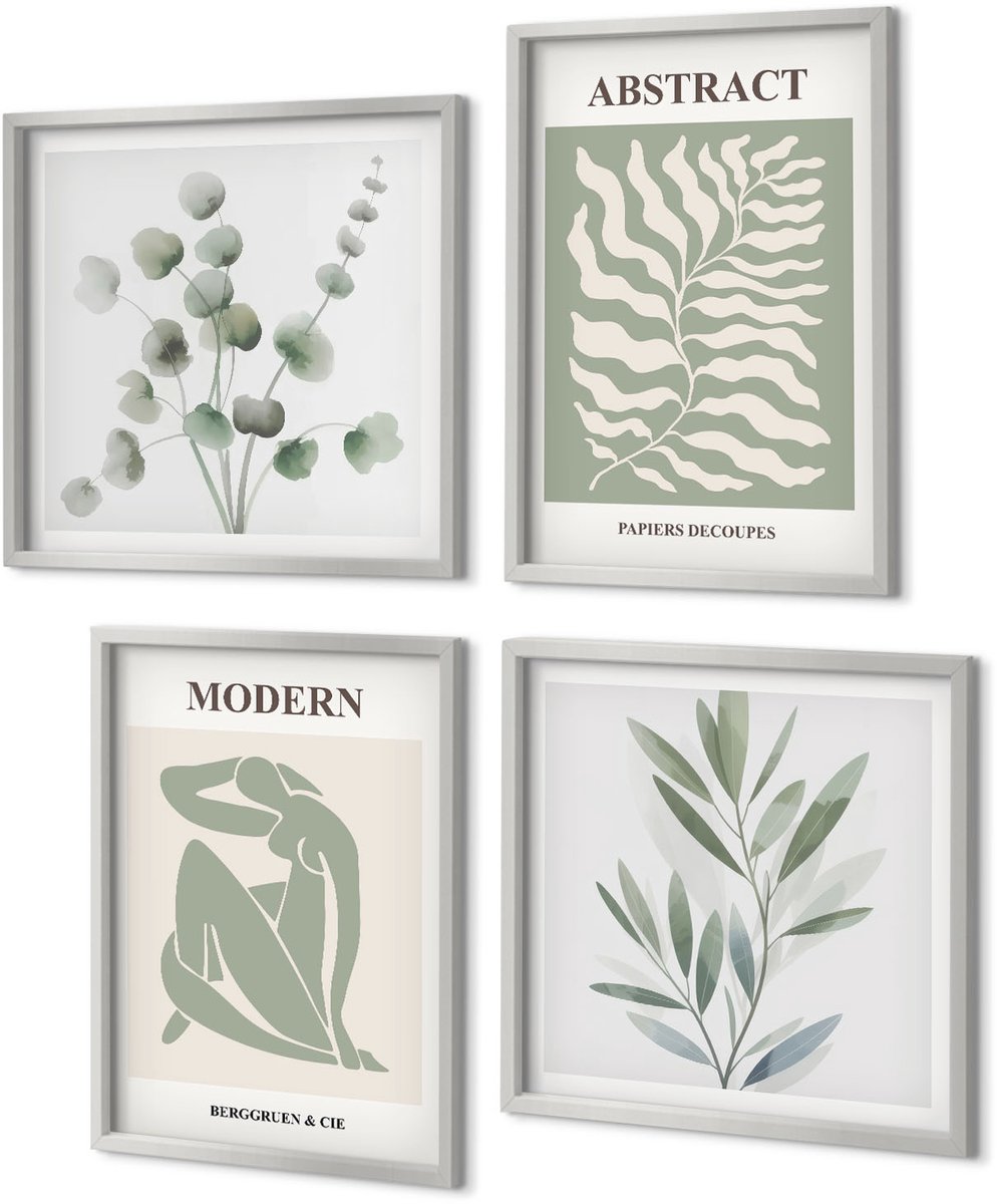 Coloray 4-Delige Schilderij Set - Matisse Design Aquarel Boho Planten - 40 x 40 cm en 40 x 60 cm - Muurdecoratie - Wanddecoratie - Hal - Woonkamer Decoratie