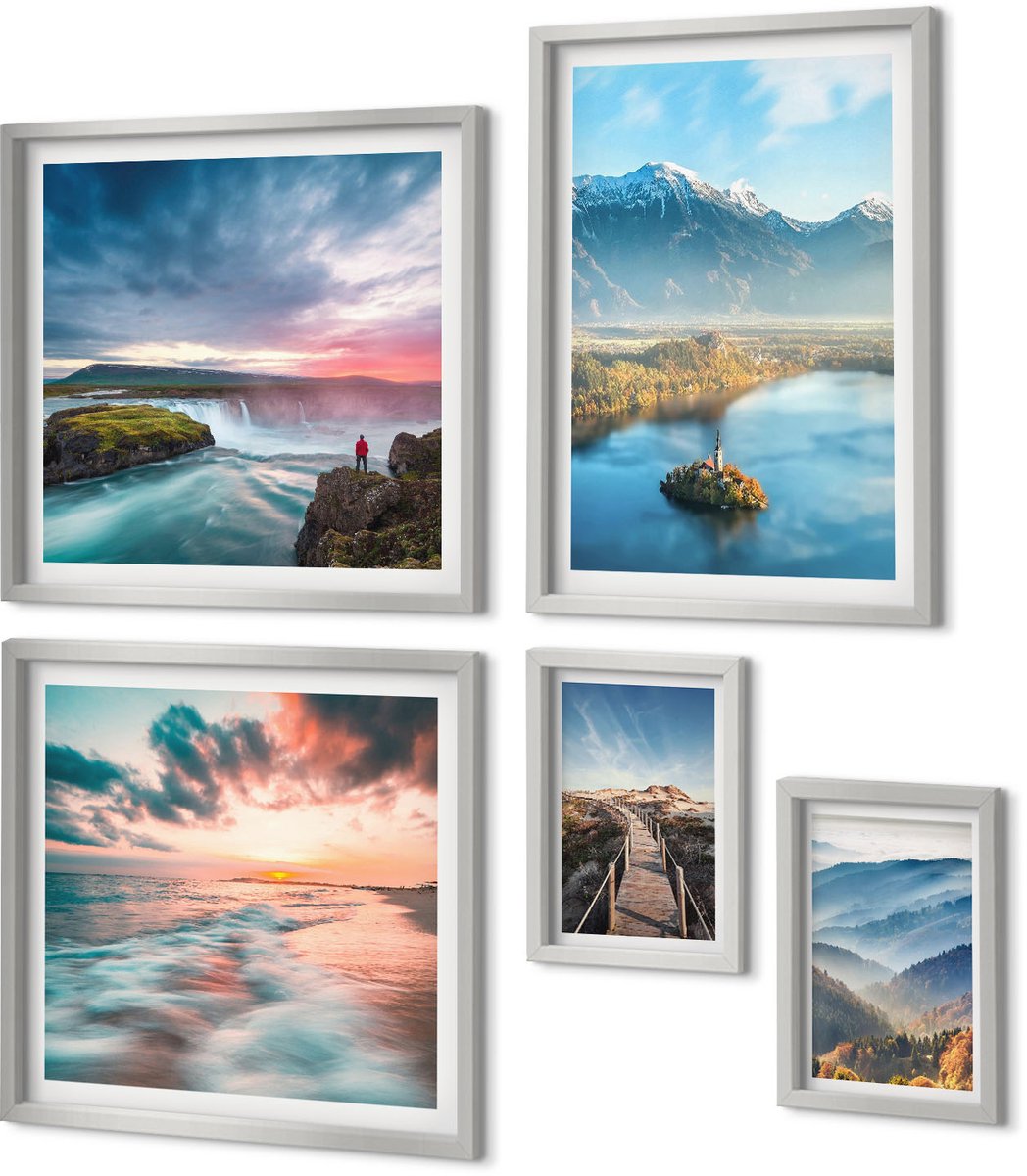 Coloray 5-Delige Schilderij Set - Schilderachtige Berglandschappen En Watervallen In De Natuur. - 20 x 30 cm - Muurdecoratie - Interieur Decoratie - Woonkamer Decoratie