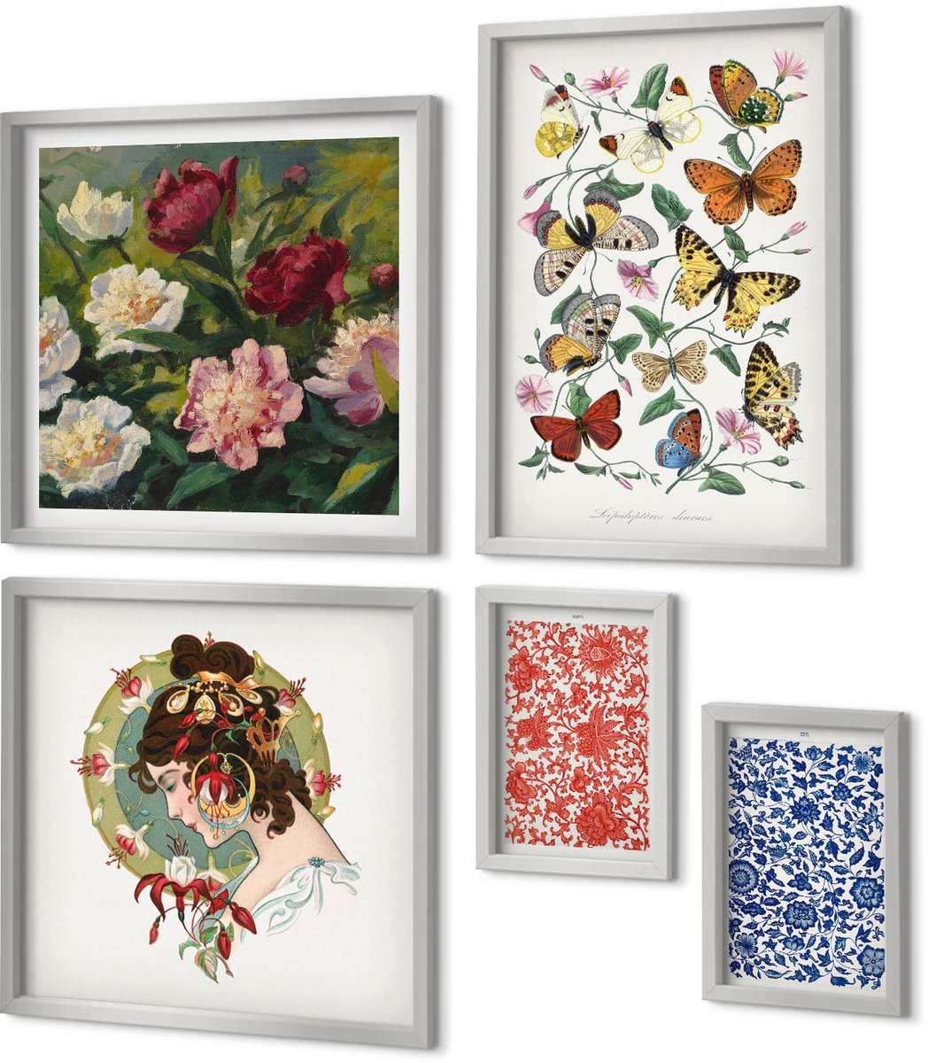 Coloray 5-Delige Schilderij Set - Vintage Posters Met Bloemen, Vlinders En Ornamenten - 20 x 30 cm - Wanddecoratie - Woonkamer Decoratie - Interieur Decoratie