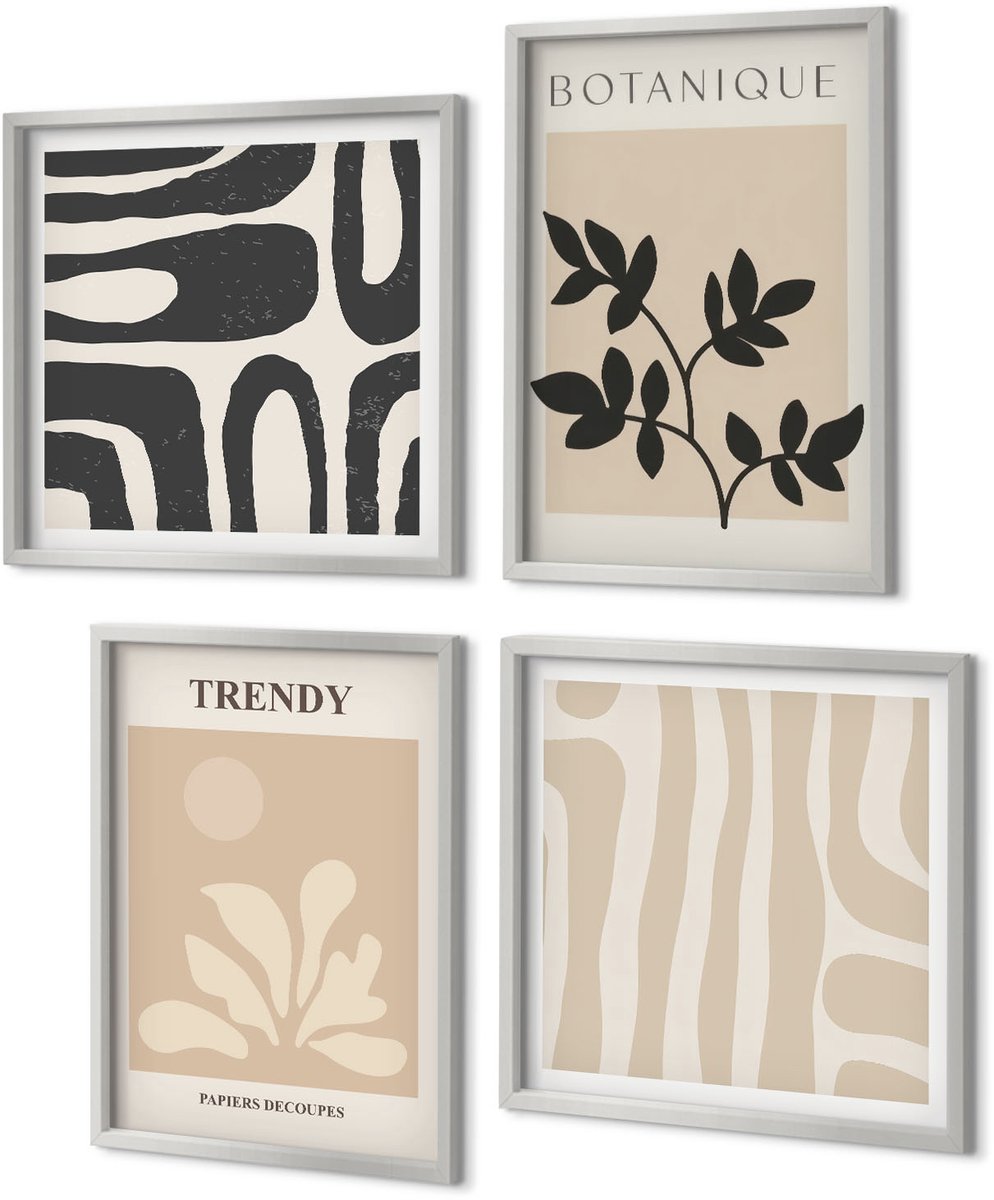 Coloray 4-Delige Schilderij Set - Stijlvolle plantenpatronen in beige en zwarte tinten. - 40 x 40 cm en 40 x 60 cm - Moderne Wanddecoratie - Slaapkamer - Interieur Decoratie