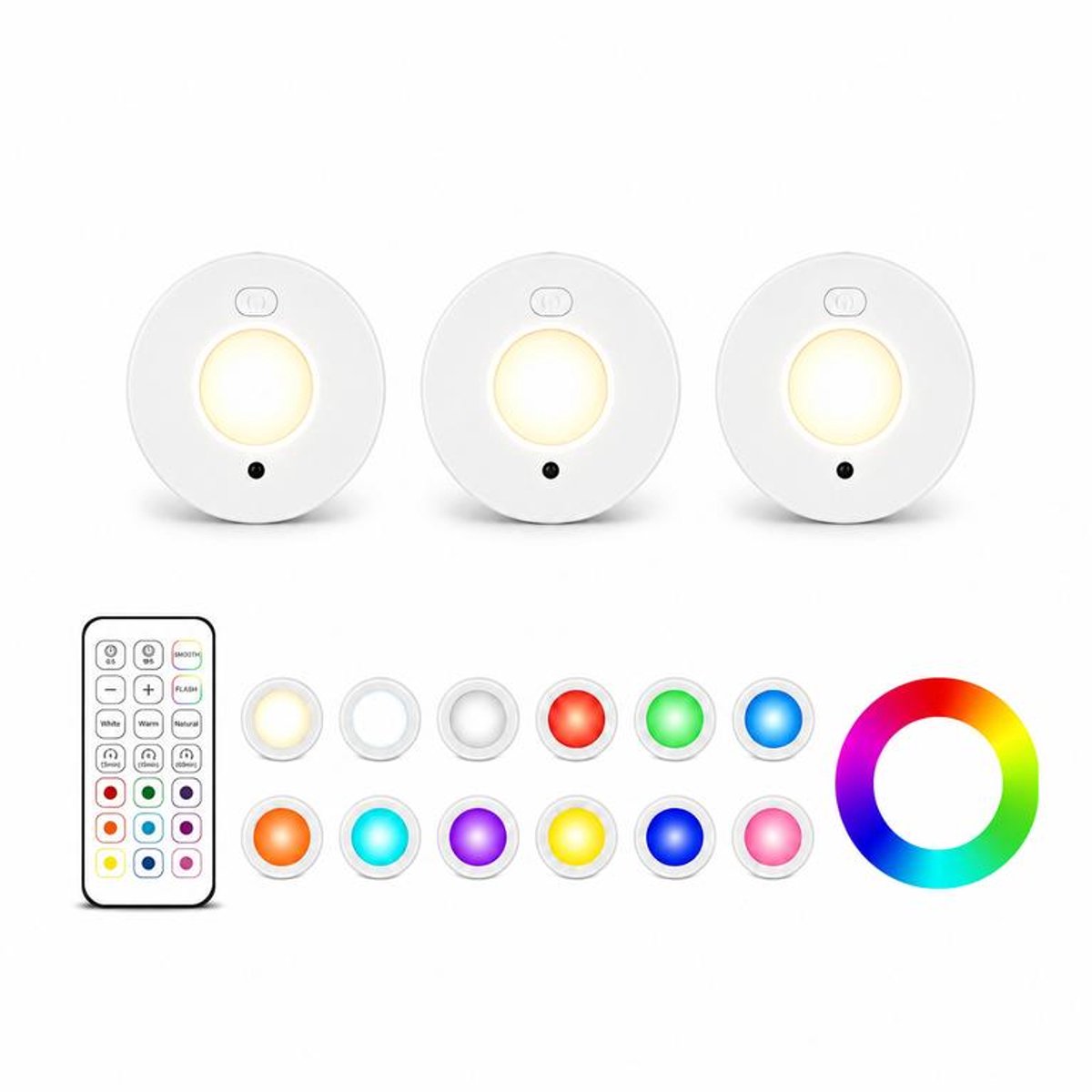 KZQ 3-delige ronde zuignapverlichtingsset - Keukenkastverlichting - IJshockeylamp - Kijkgaatjeslamp - Met afstandsbediening - Magnetisch - Warm wit/Natuurlijk wit/Koel wit + 9 statische RGB-kleuren + 2 dynamische modi
