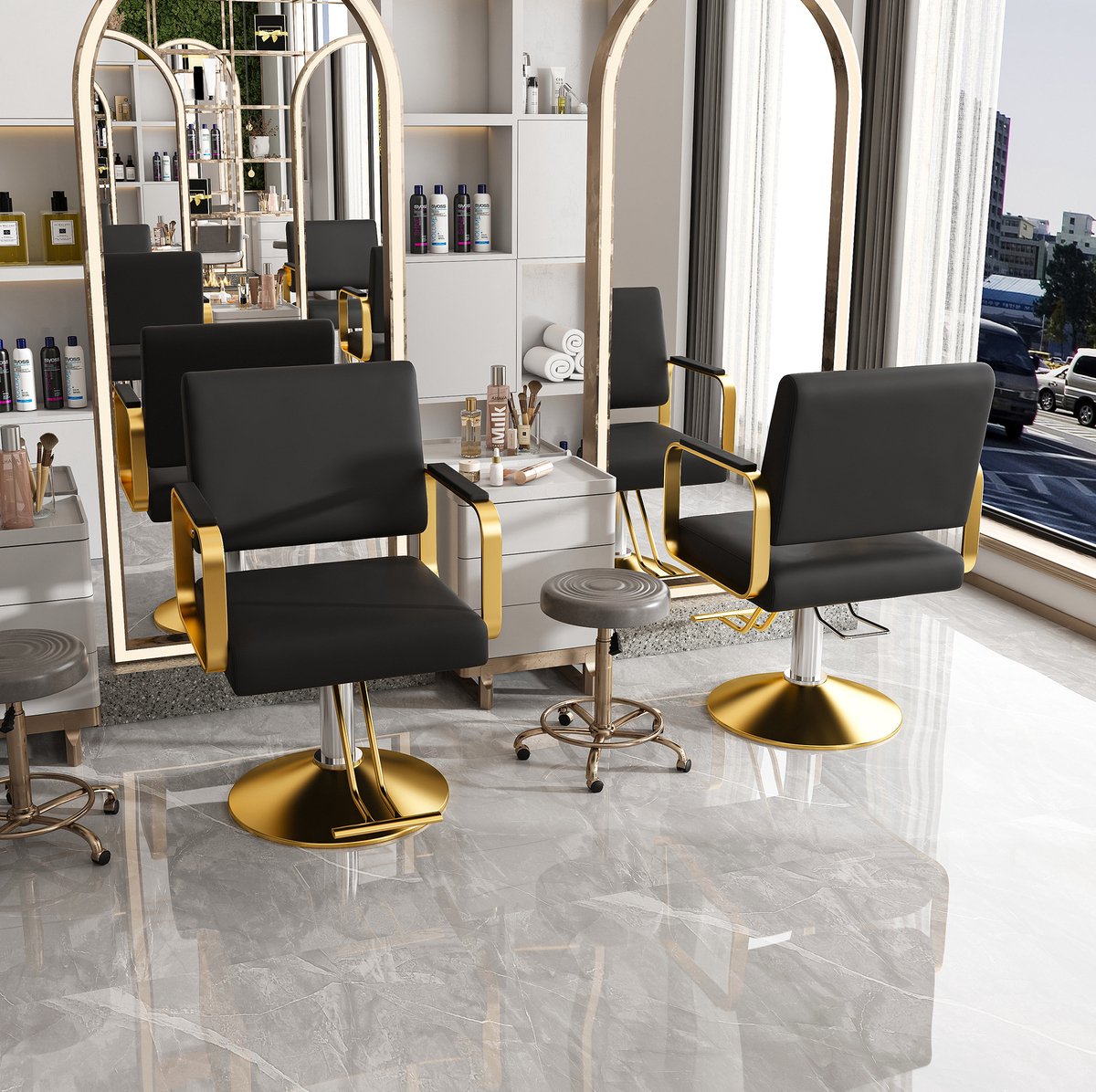 FloraGrace Bureaustoel – Hydraulische Kappersstoel 360° Draaibaar – Gouden Basis met Vaste Armleuningen – Salon Spa Tattoo – Kunstleer – Zwart Goud
