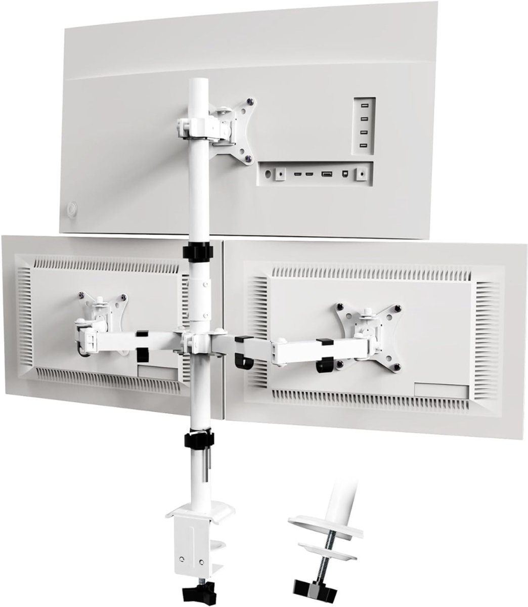 QUOVO® Monitorarm 3 schermen - Muurbeugel - Triple Beeldschermarm - Muurbeugel Monitor - Monitorbeugels - Monitorbeugel 3 schermen - Draaibaar, Kantelbaar En In hoogte verstelbaar - Wit - 42cm x 18cm x 16cm