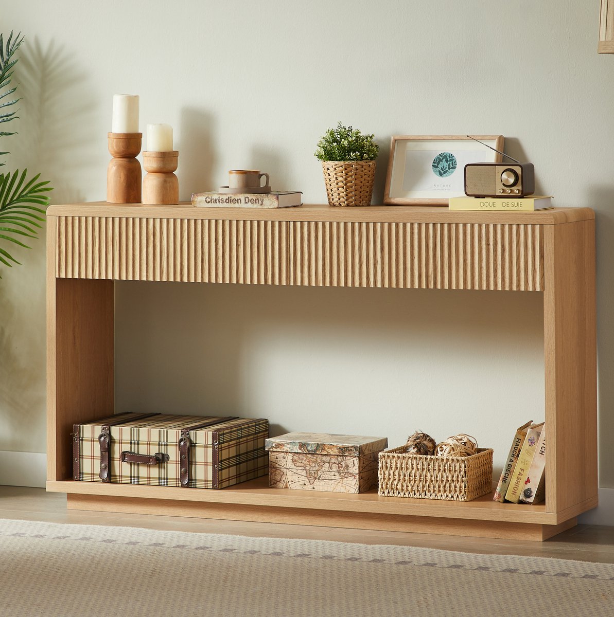 MIVRAY Consoletafel Met 2 Lades En Open Vak Modern Design Voor Hal En Woonkamer Van Spaanplaat En MDF 150 X 35 X 85 Cm Naturel