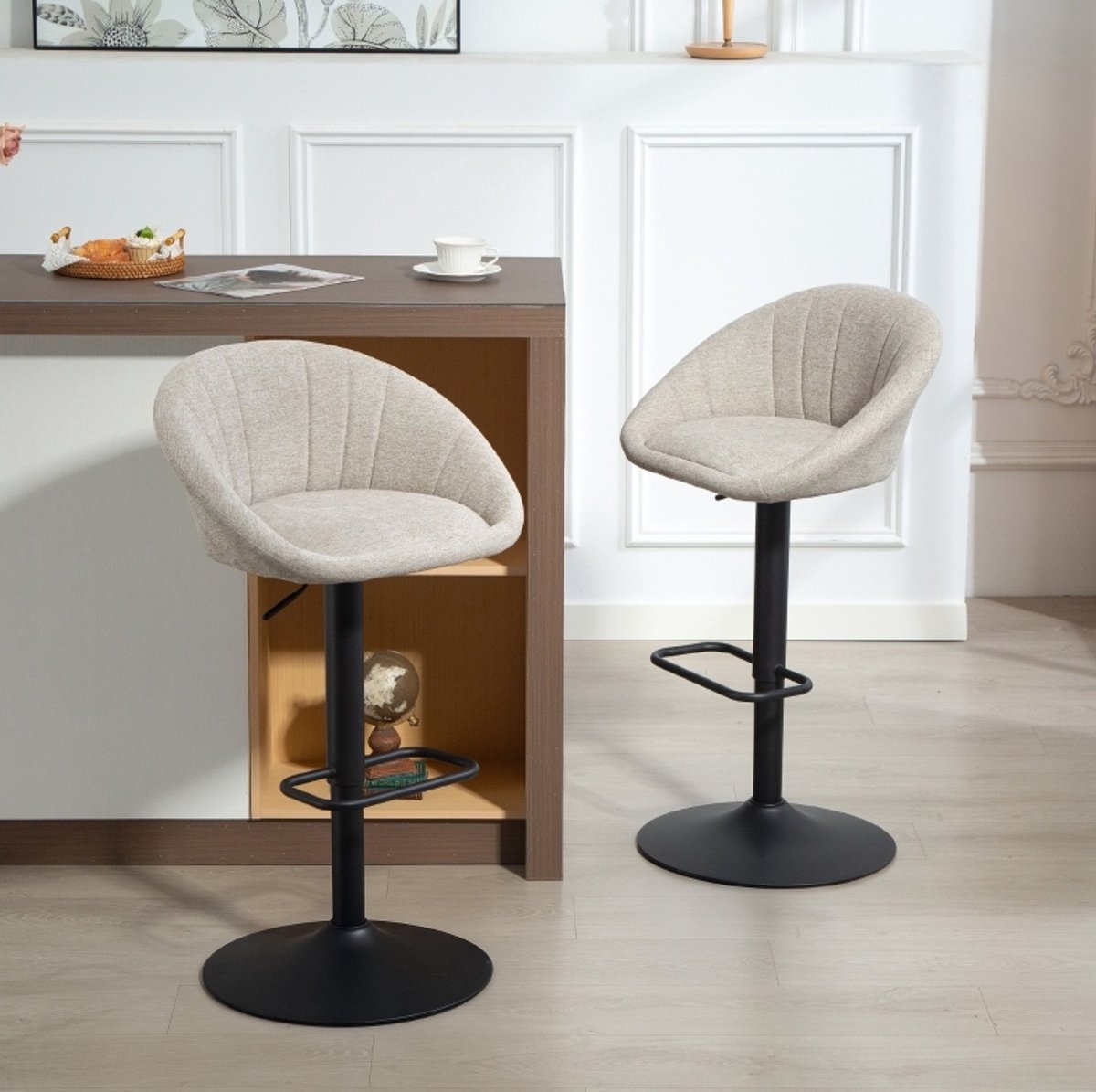 FloraGrace Barkruk Set Van 2 – Draaibaar En Hoogteverstelbaar – Met Armleuningen En Rugleuning – Voor Keuken En Bar – Stof – Beige