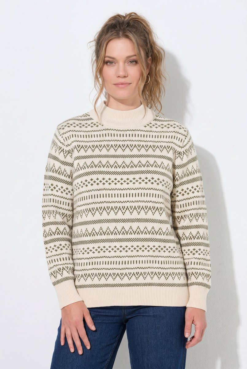 Ulla Popken - Dames - Pullover jacquard opstaande kraag lange mouwen - Parelwit - Maat 58+