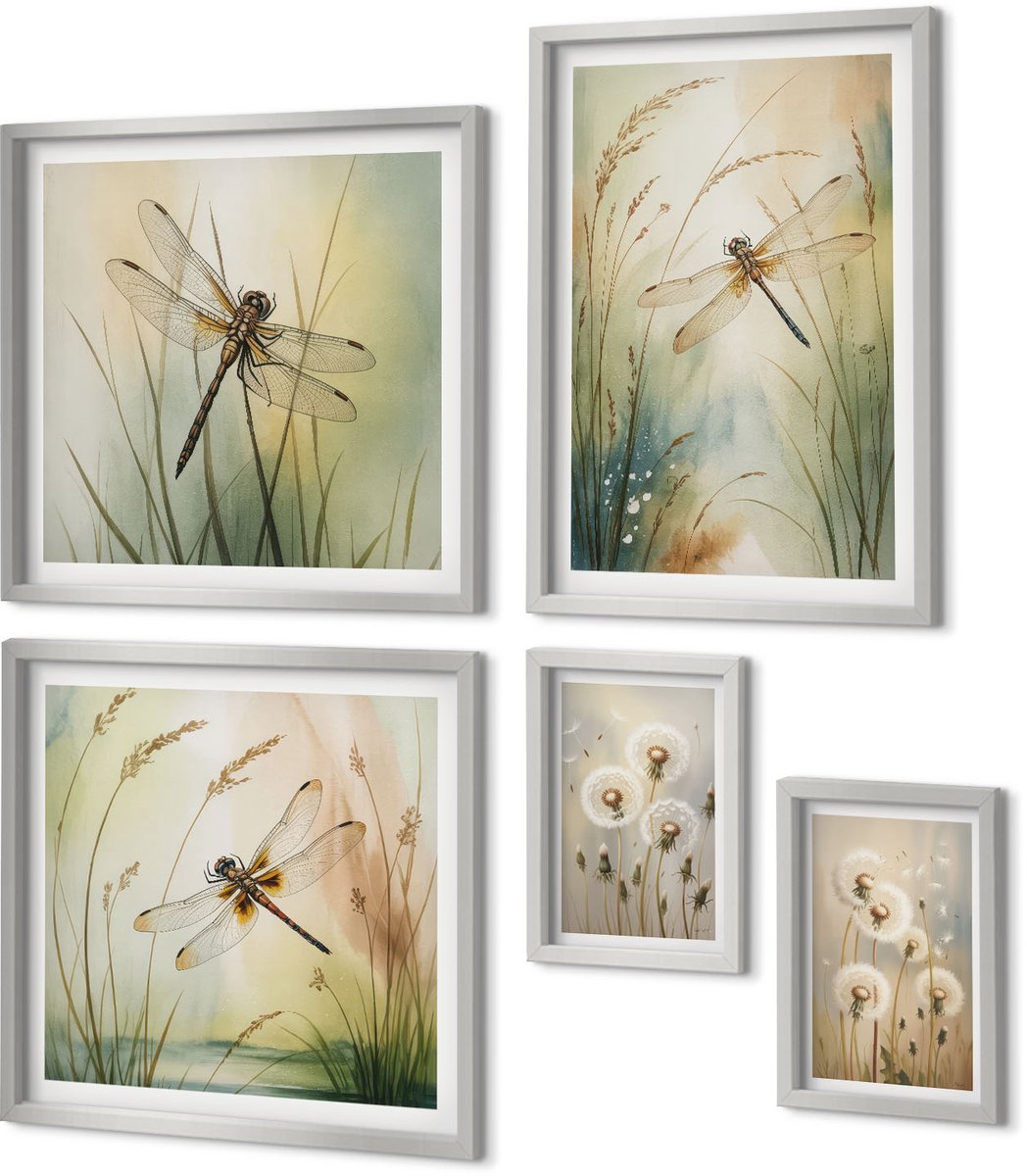 Coloray 5-Delige Schilderij Set - Strand Met Surfplanken, Boten En Vogels - 20 x 30 cm - Schilderijen Set - Wanddecoratie - Woonkamer - Moderne Wanddecoratie