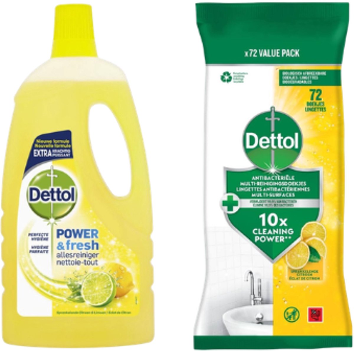 Dettol Power & Fresh Allesreiniger Citroen + Antibacteriële Reinigingsdoekjes Citroen 72 Stuks – Schoonmaakset